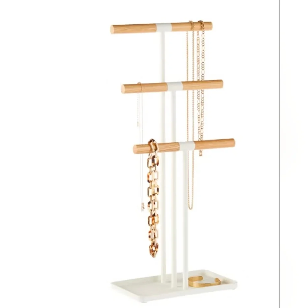 Yamazaki Tosca necklace stand with white steel and natural wood bars